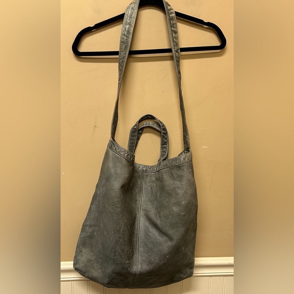 Damaged Free People Leather Tot Bag Purse Gray Green